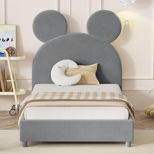 Miniatura 3 de Cama de plataforma de tamaño individual con bonita cabecera en forma de orejas de oso, cama tapizada de terciopelo con soporte de listones de