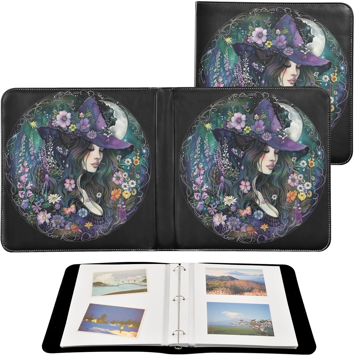 JIPONI Beautiful Witch Large Photo Album, DIY Leather Cover Scrapbook Albums for 4x6 5x7 6x8 Pictures, Self Adhesive Memory Book for Wedding, Baby, Family