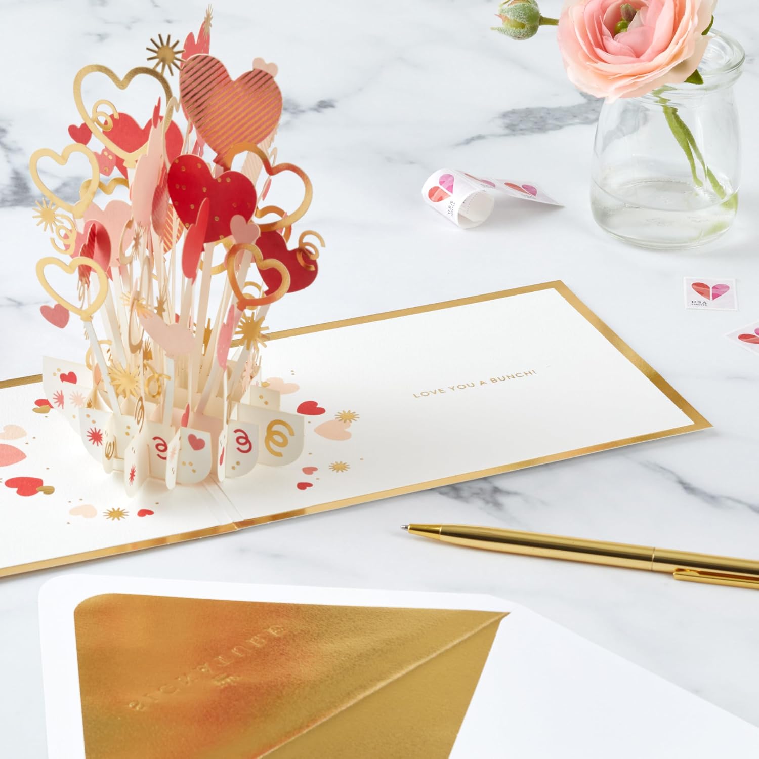 Hallmark Valentine's Day Card, Valentine's Day Card, 3D & Pop Up, Flowers, Hearts, Balloons, Red, White, Pink