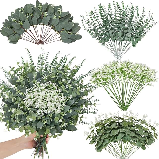 120 Pcs 4 Kinds Mixed Eucalyptus Greenery Stems, Baby Breath Flowers Art...