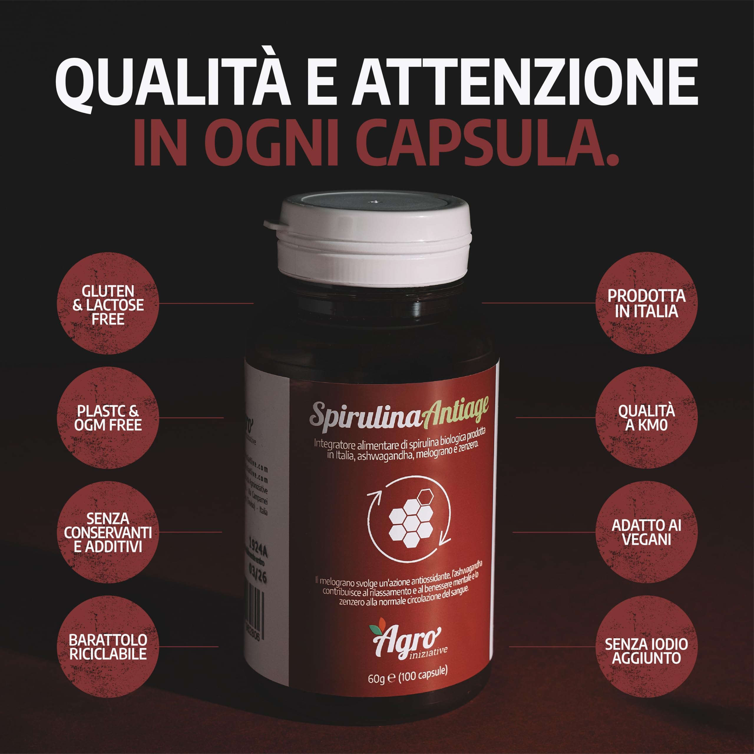 AGROINIZIATIVE SPIRULINA ANTIAGE 100 Cps 60 G Alga Spirulina Bio Senza Glutine Senza Iodio Combatte Radicali Liberi e Ossidazione Con Ashwagandha Zenzero Ficocianina Resveratrolo PRODOTTA IN ITALIA
