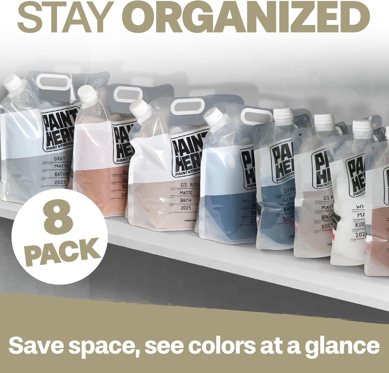 Paint Hero 8 Pack Paint Storage Bags - Airtight Refillable Quart and Gallon Pouches with Funnel