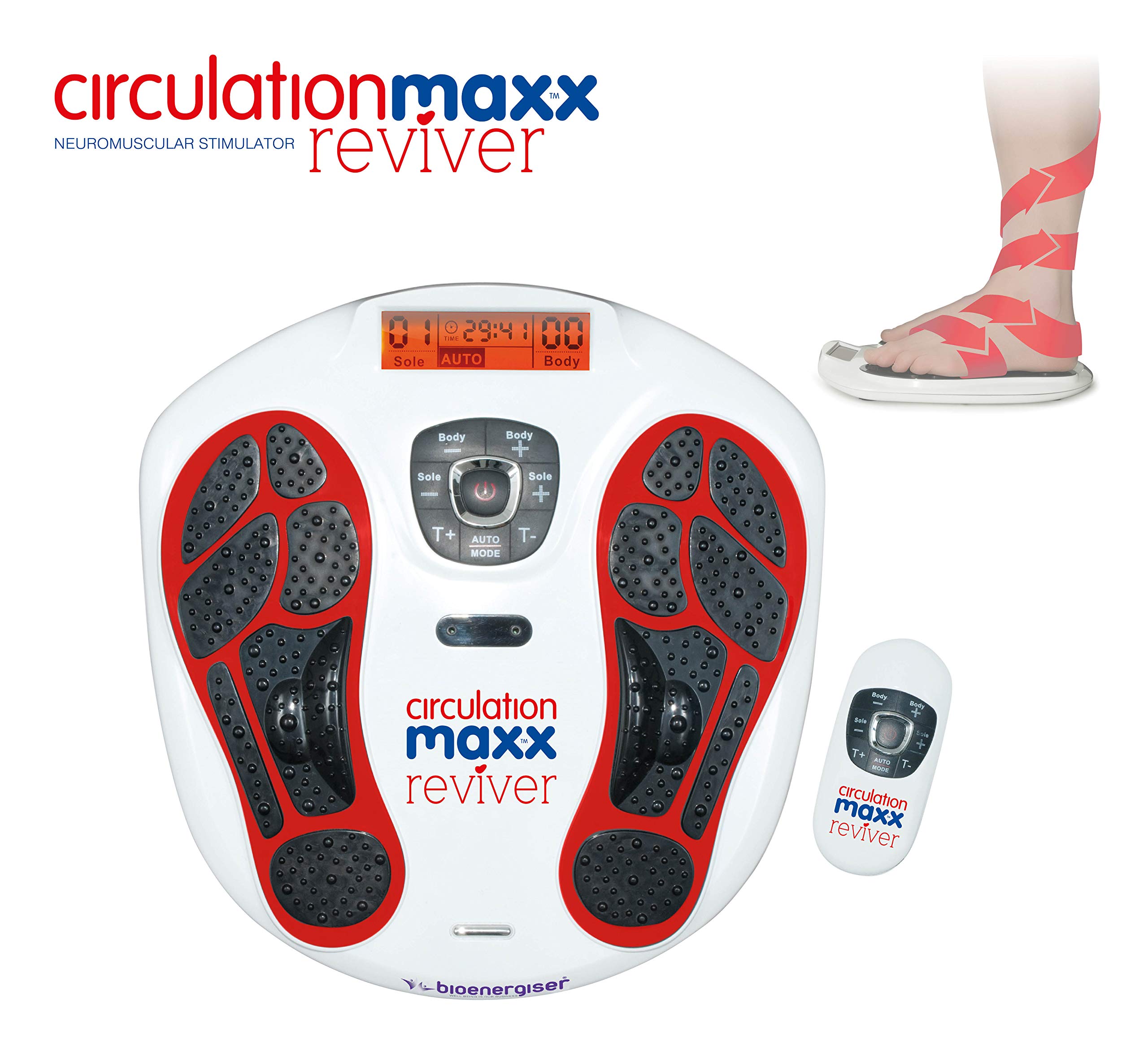 Durchblutungsstimulator Füße & Beine | EMS Reizstrom-Fußmassagegerät Circulation Maxx – 99 Intensitätsstufen, Fernbedienung, 60-Min.-Timer & 4 Elektro-Pads für Muskelentspannung zuhause