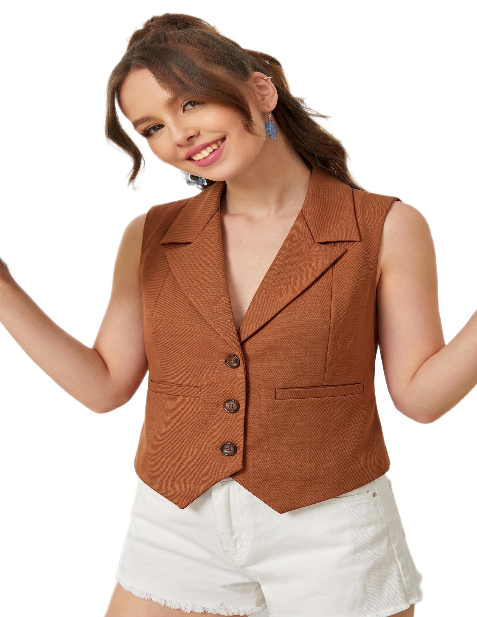 Women's Rust Fitted Waistcoat Vest Top Sleeveless V-Neck Workwear Vest-image-0