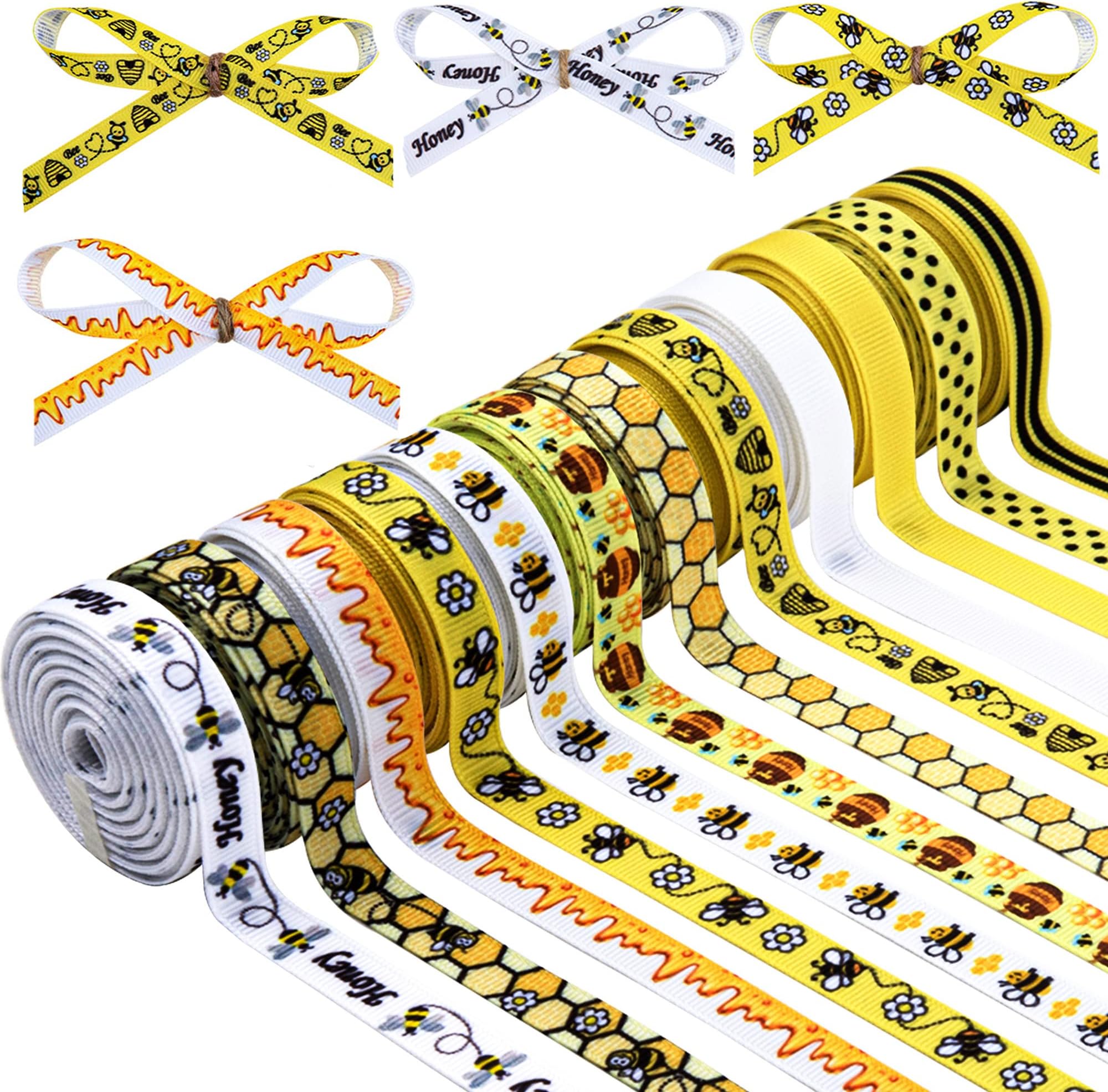 12 Rolls Bee Grosgrain Ribbon Bee Decorative Ribbon 3/8 Inch Flower Honey Bee Striped Dot Yellow Ribbon for Gift Wrapping for DIY Crafts Gift Packaging Bows Party Decor, 60 Yards
