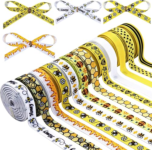 12 rollos de cinta de grogrén de abeja decorativa de 38 pulgadas, flor de miel, abeja, rayado, cinta amarilla para envoltura de regalos para