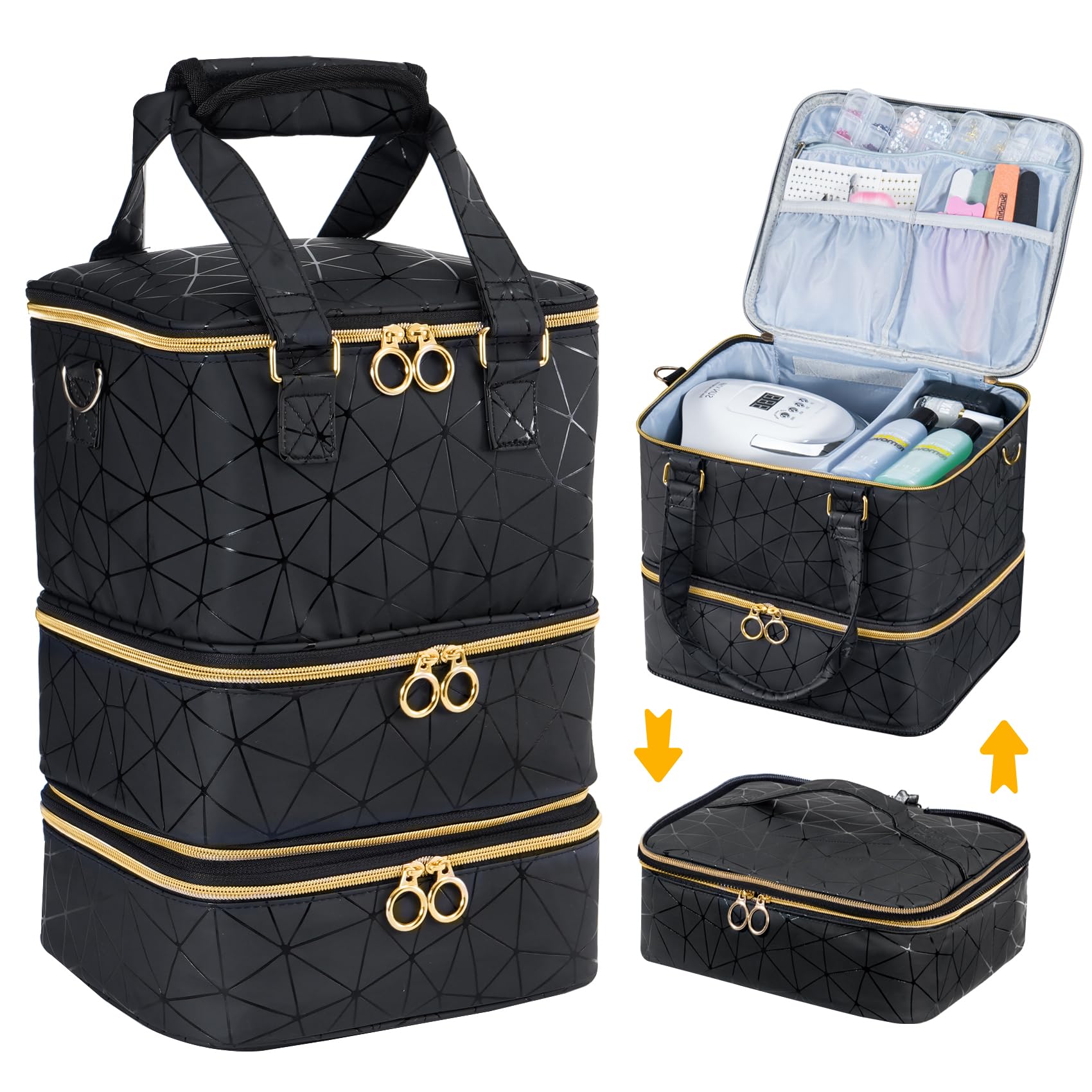 Uross Organisateur de Vernis à Ongles pour 60 flacons de Vernis à Ongles et 1 Lampe à Ongles LED, Sac de Rangement de Vernis à Ongles pour Accessoires de manucure（Noir）