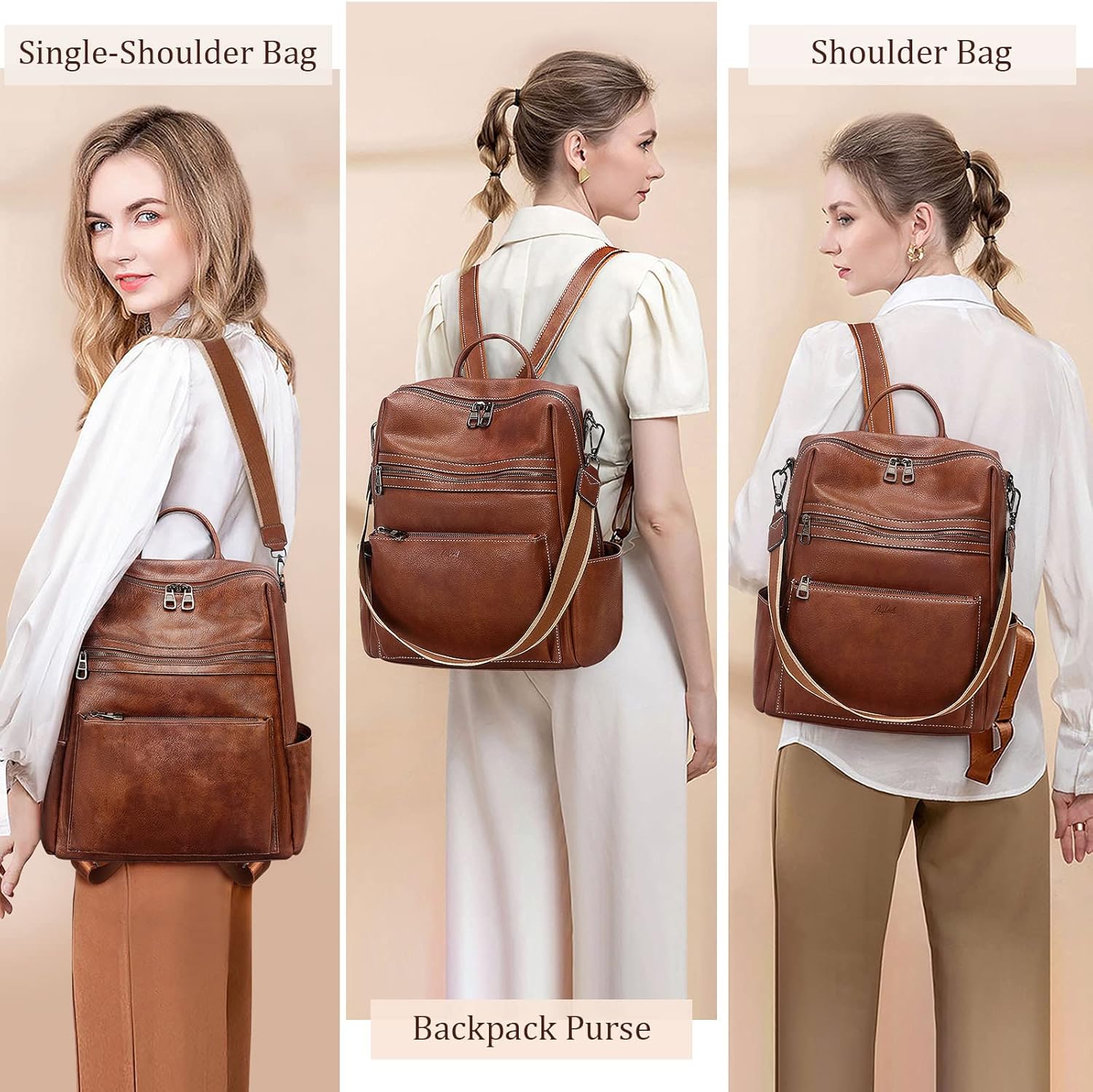 Leather Backpack Purse for Women Designer Ladies Shoulder Bag Fashion Faux Work Travel Handbags - Image 6