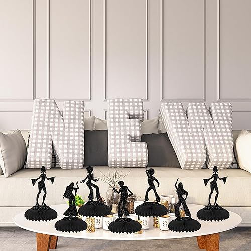 Miniatura 5 de 6 piezas de decoraciones de fiesta de discoteca de los años 70, centro de mesa y adornos de panal en purpurina negra para música discoteca temática