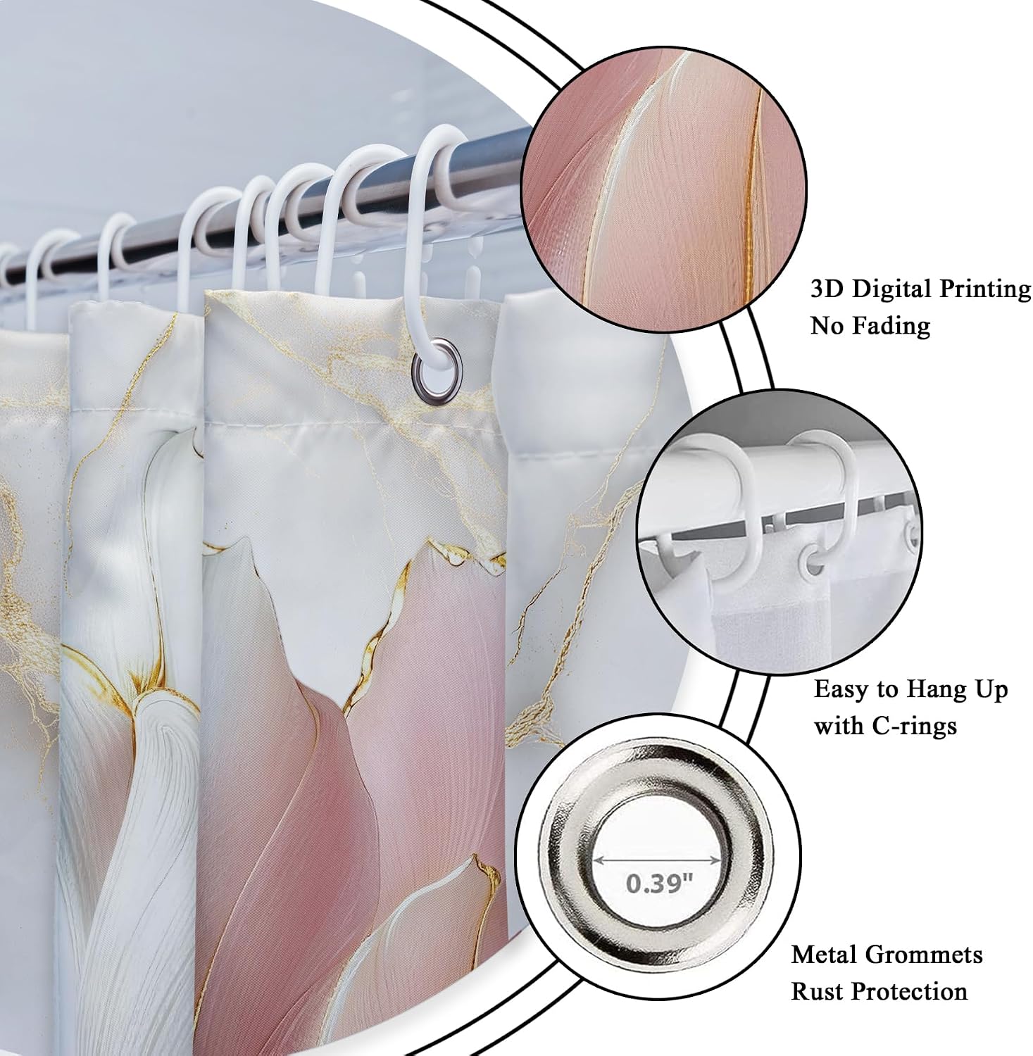 Riyidecor Marble Floral Pink Gold 4Pcs Bathroom Shower Curtain Sets Modern Flower Abstract Bathroom Decor Set with Rugs and Accessories Minimalist Toilet Lid Rug, Contour and Bath Mat with 12 Hooks