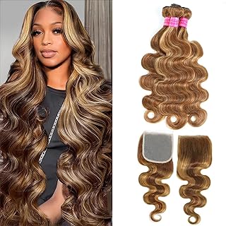Vallbest Ombre Human Hair Bundles with Closure 20 22 24 +18 Inch Highlight Blonde Bundles Human Hair 4/27 Brown Body Wave with 4x4 Closure 12A Brazilian Virgin Remy Weave Raw Hair Extensions