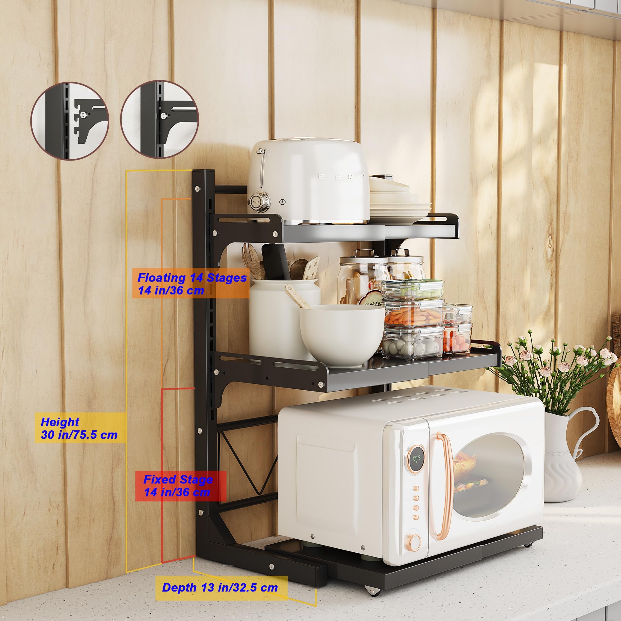 ABCOOL Rack retrattile per forno a microonde estraibile a scatto per cucina, panettiere, organizer portaoggetti 2 assiali espandibili e regolabili in altezza in acciaio al carbonio piano di lavoro con