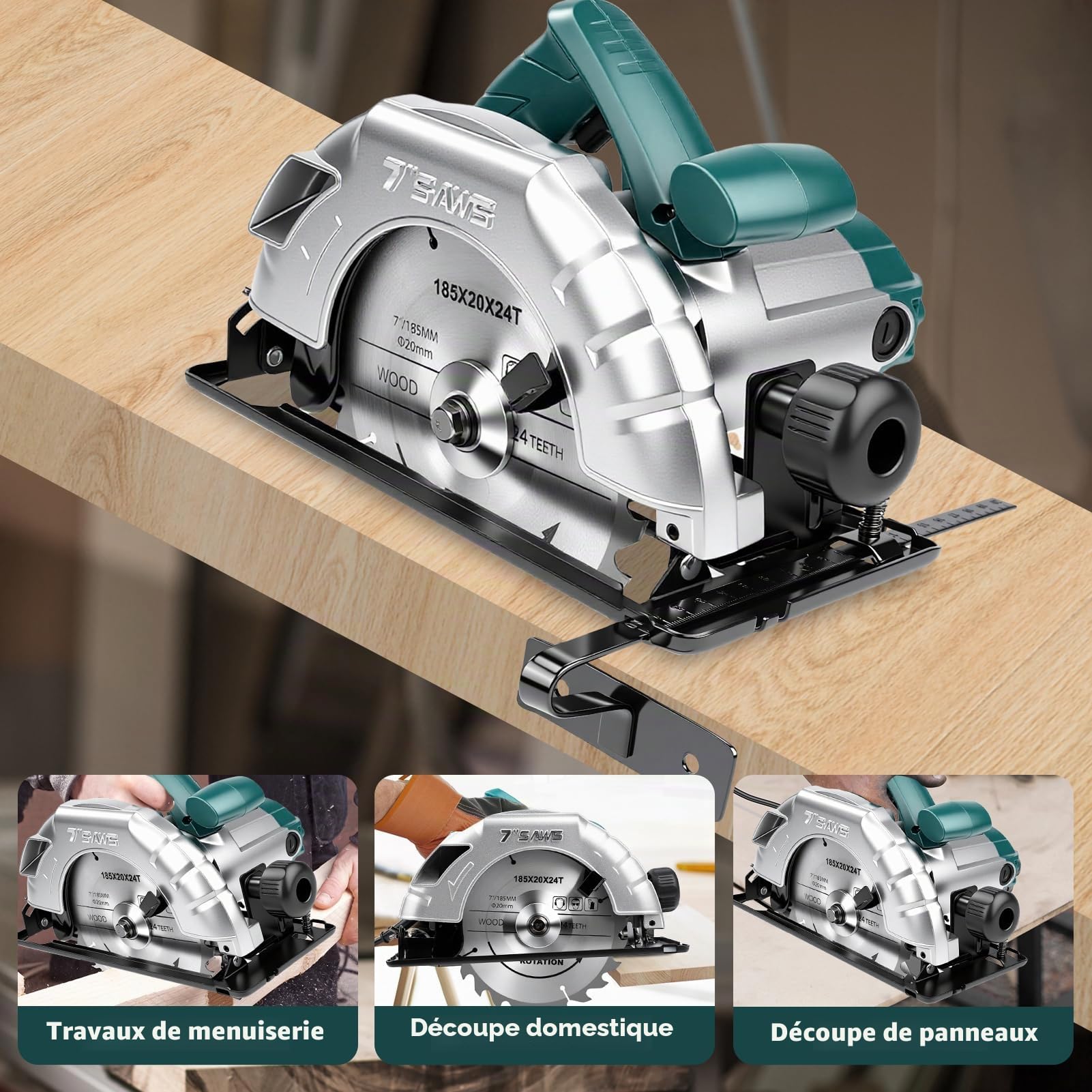 Scie Circulaire 1200W avec Rail de Guidage, Scie Circulaire Électrique Filaire 5200RPM, Profondeur de Coupe Max : 60mm (90°) et 45mm (45°), 3 Lames de Scie Ø : 185mm (24T + 40T + 60T) pour Bois, PVC