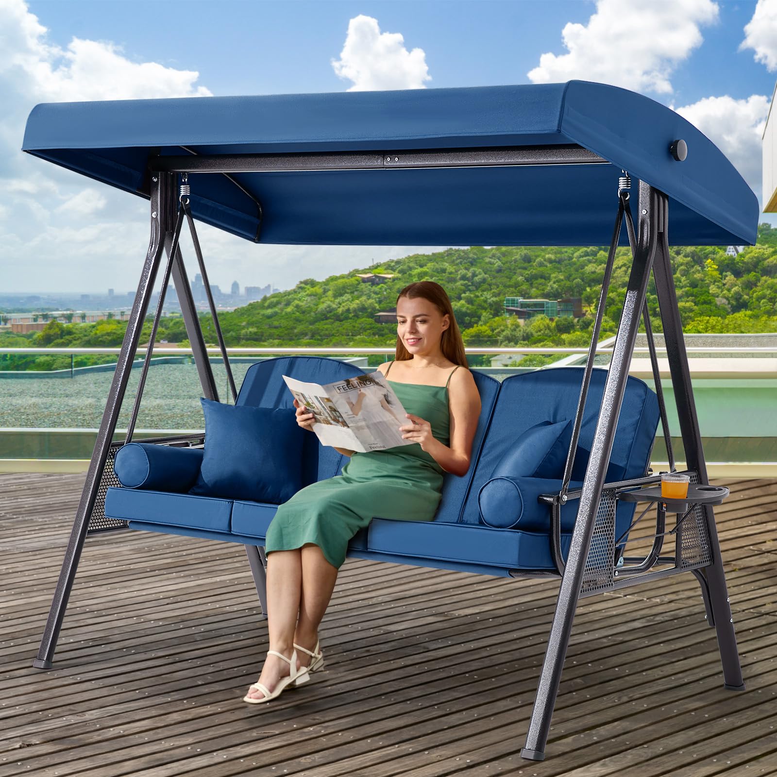 3 Seat Outdoor Patio Porch Swing with Adjustable Canopy, 3 in 1 Swing for Adults, Patio Swing Chair with Thickened Cushions,Pillows &amp; Cup Holders for Backyard, Porch, Garden (Blue)