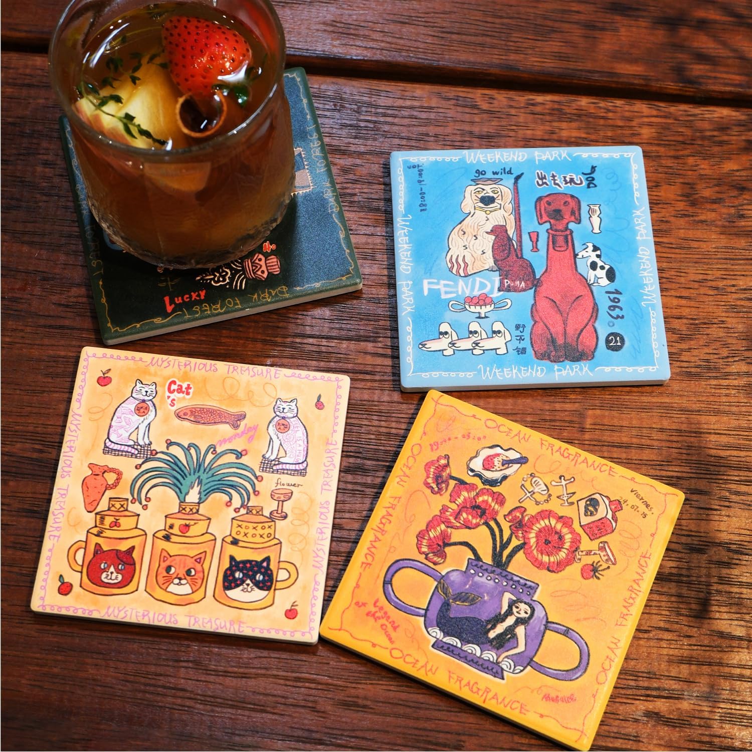 SAMCAM Colorful Art Coasters Set of 4 - Absorbent Ceramic Coasters with Protective Cork Back for Drinks, Cute Table Decor & Gift for Housewarming, 4 Inch