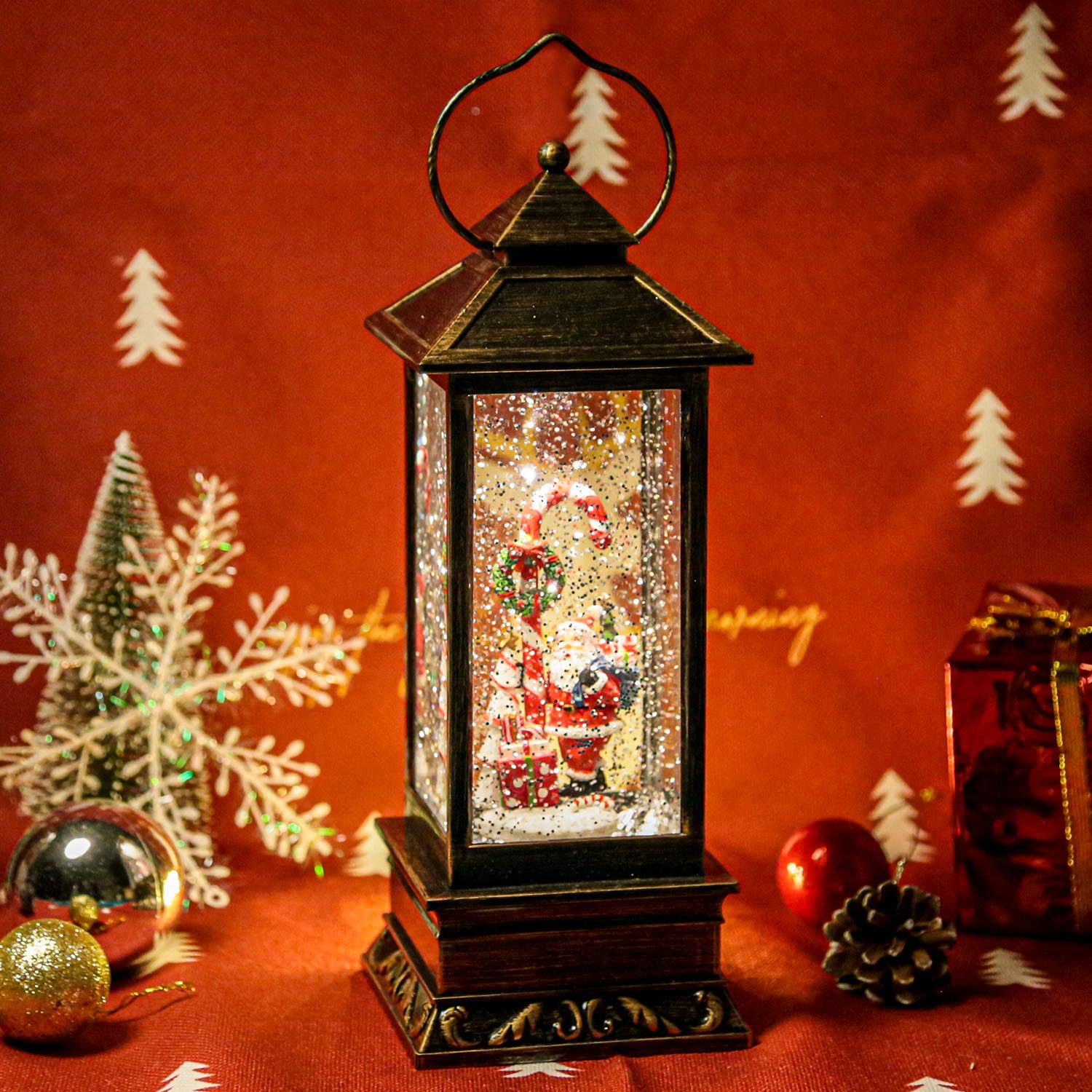 Boule à neige musicale de Noël avec minuteur de 6 heures, alimentation USB et piles pour décorations de Noël et cadeaux (Père Noël et sucre d'orge)