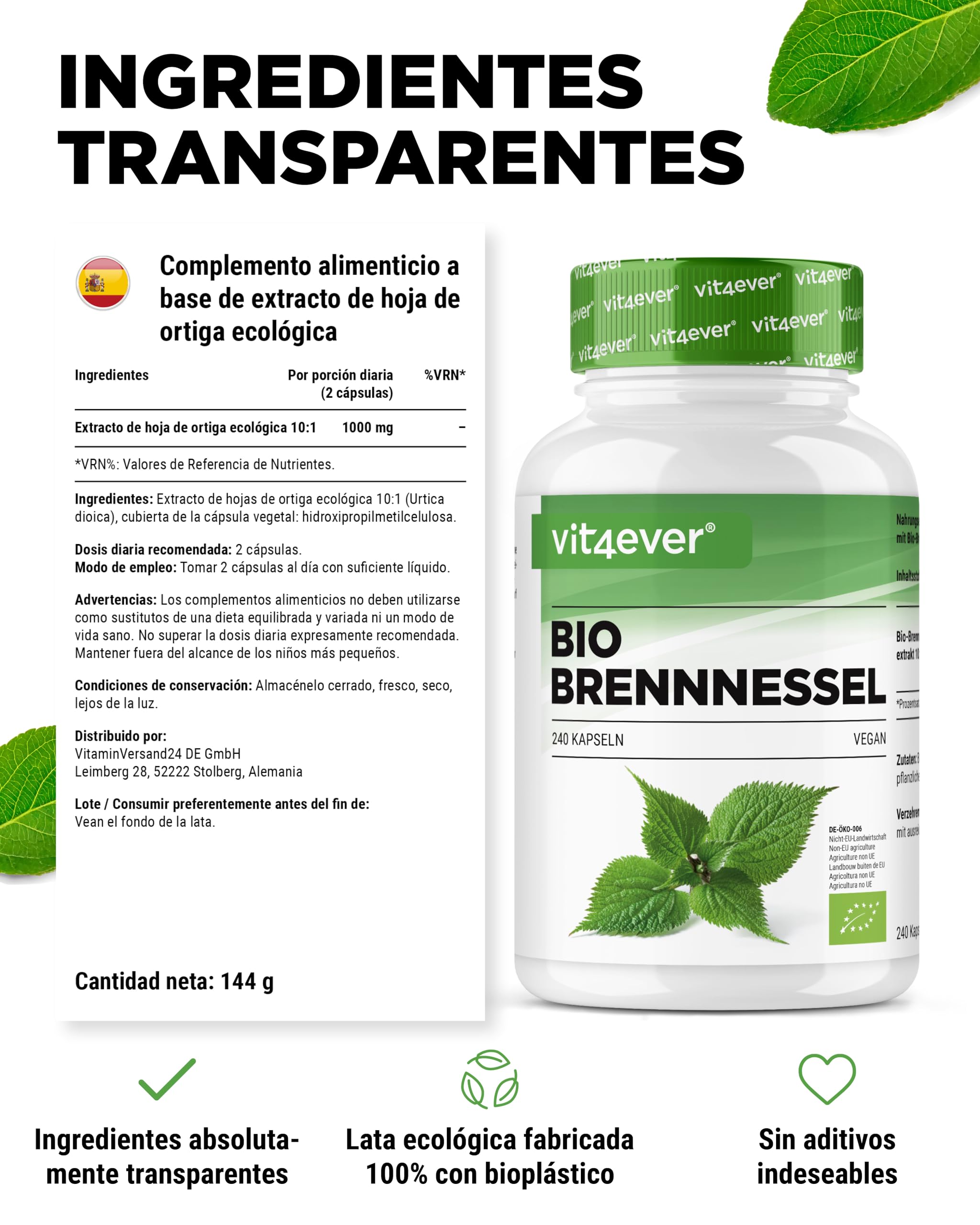 Ortiga orgánica - 240 cápsulas - Altamente dosificado con 1000mg por porción diaria - Extracto de ortiga 10:1 en calidad orgánica certificada - Vegano
