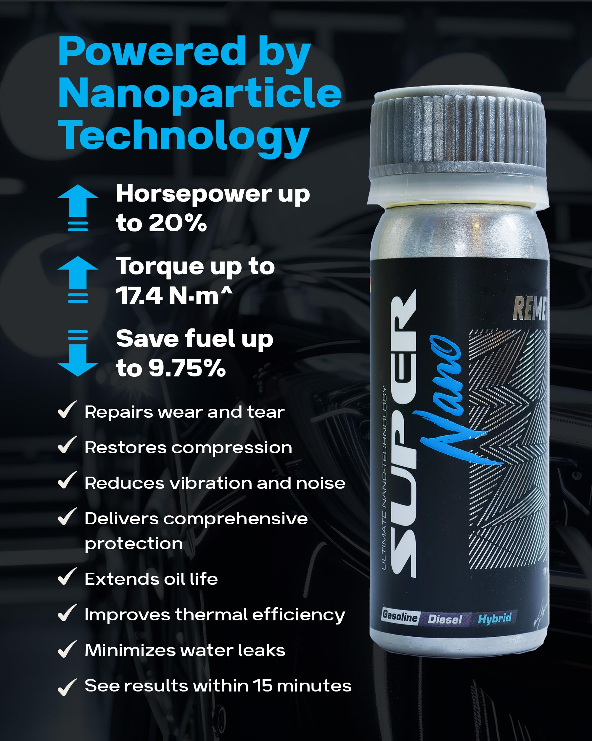 Aditivo de aceite para motor de automóvil, Remetalizador de motor SuperNano, aditivo de aceite con tecnología avanzada de nanopartículas para reparación de desgaste del motor, compatible con gas,