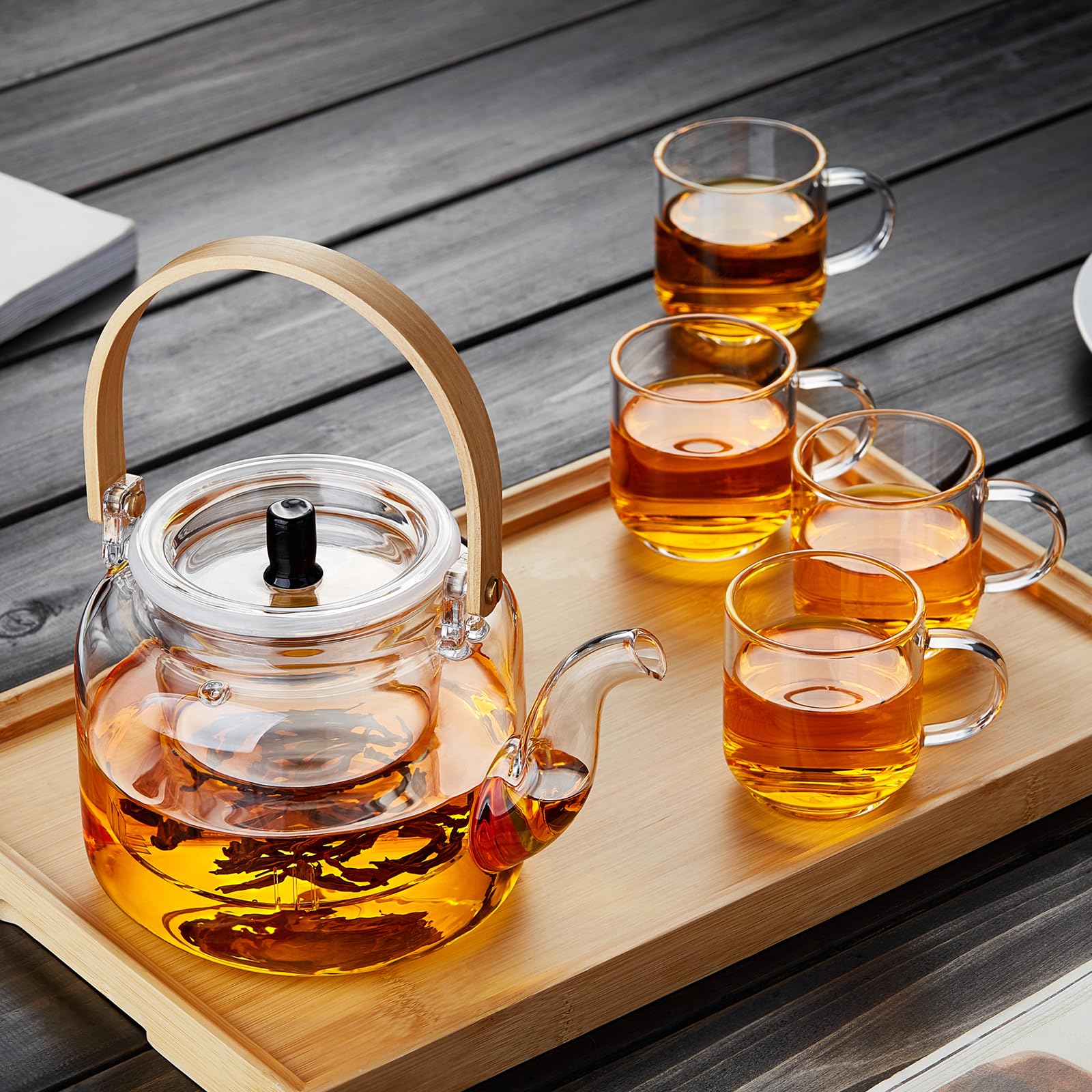 MESNEY Teekanne mit Siebeinsatz 1100ml – Teekanne Set mit 4 Tassen – Borosilikatglas Glaskanne Tee für losen Tee – Hitzebeständig und Tropffrei