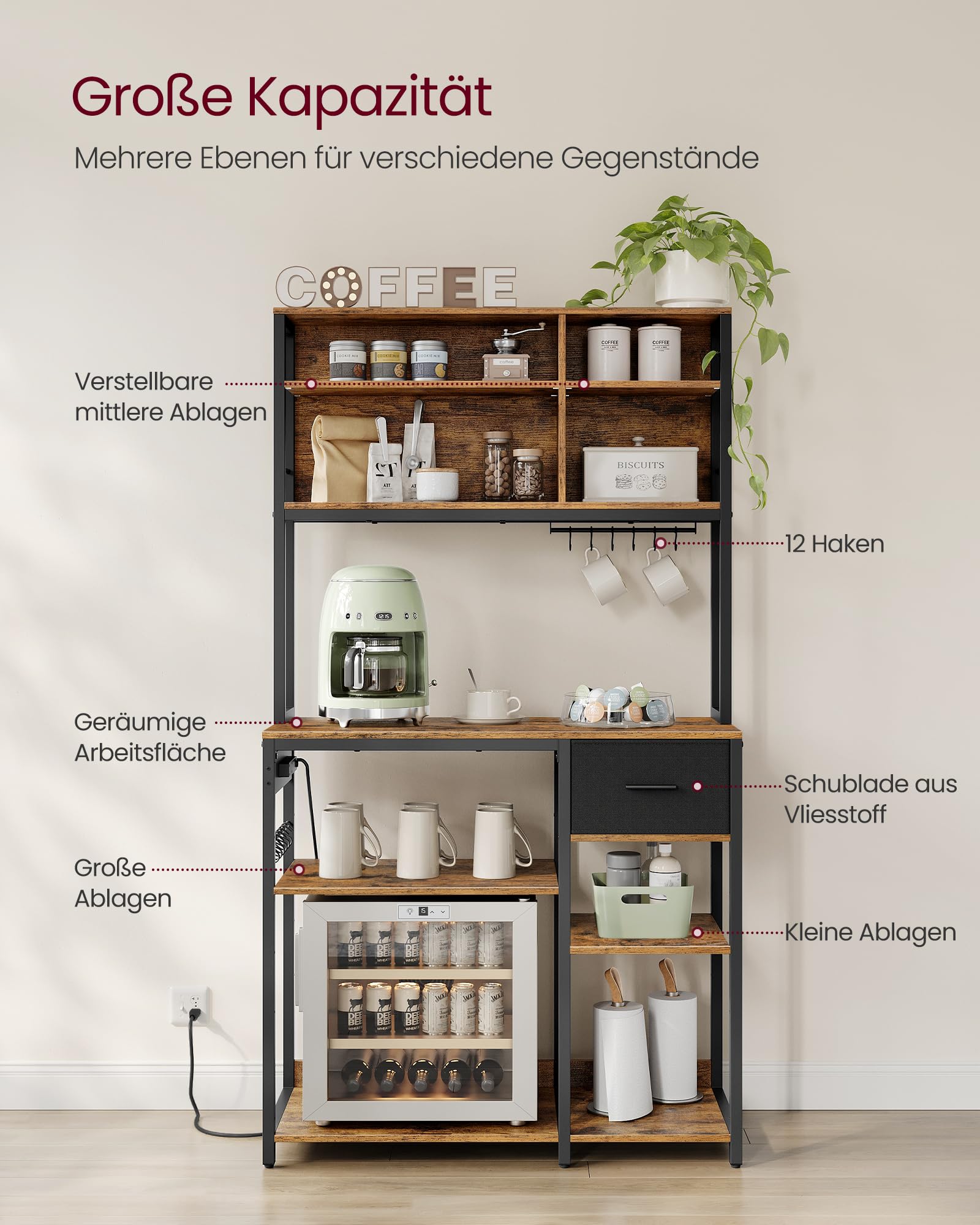 VASAGLE Küchenregal mit Steckdosen, Standregal, 40 x 100 x 180,4 cm, Backregal, verstellbare Ablagen, Stoffschublade, 12 Haken, Küche, vintagebraun-tintenschwarz KKS027K02