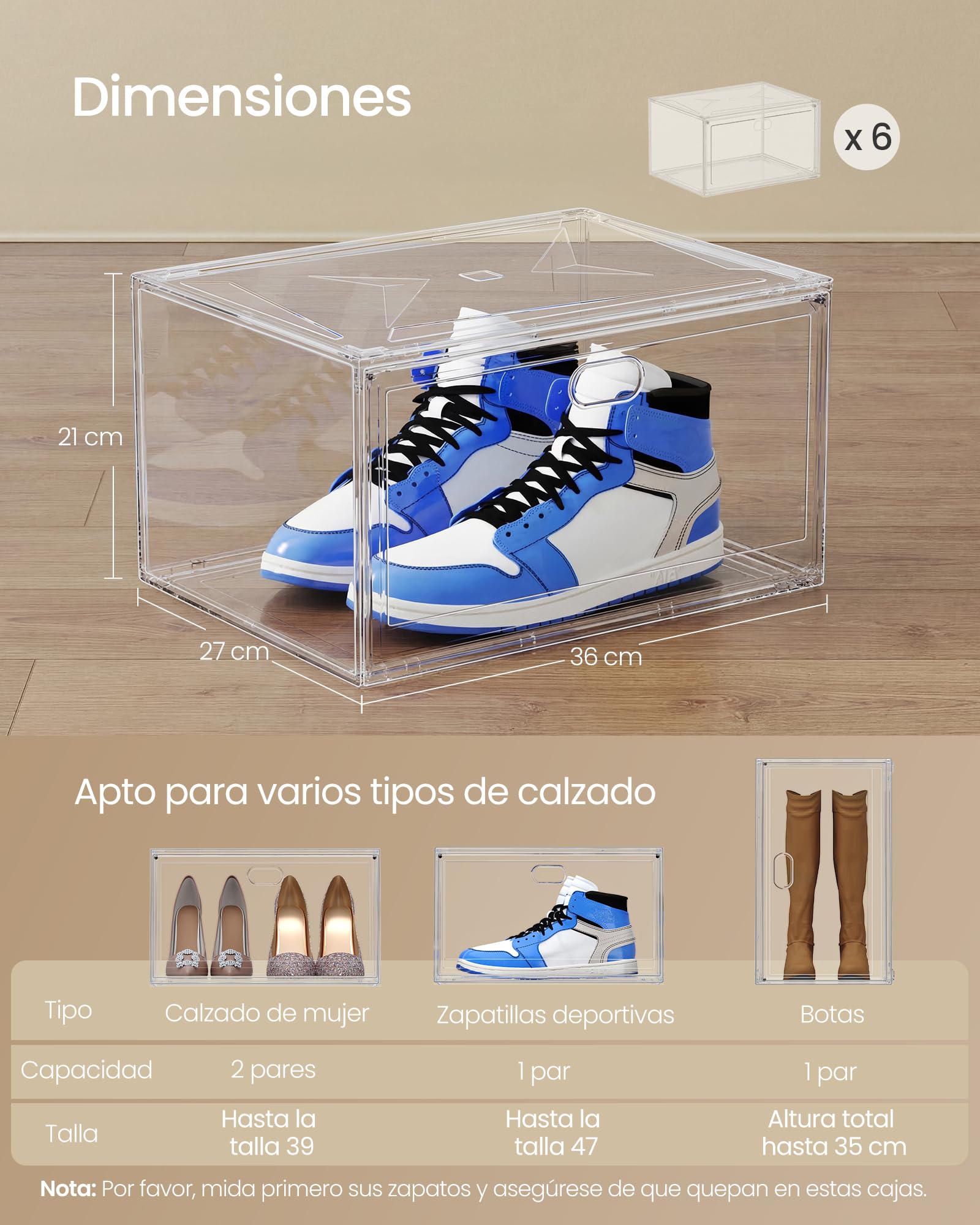 SONGMICS Cajas de Zapatos, Transparentes Apilables, Organizador de Zapatos, para hasta la Talla 47, con Puerta Magnética, Plástico, Juego de 6 LSP706WH01