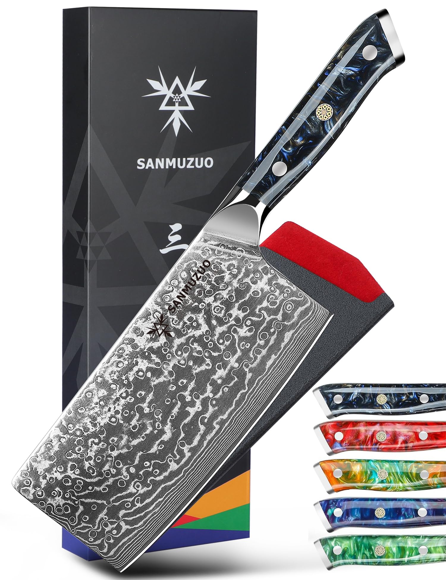 Photo 1 of SANMUZUO Chinese Chef Knife - 7" Cleaver Knife- Xuan Series - VG10 Damascus Steel Kitchen Knife - Resin Handle (Starry Black)