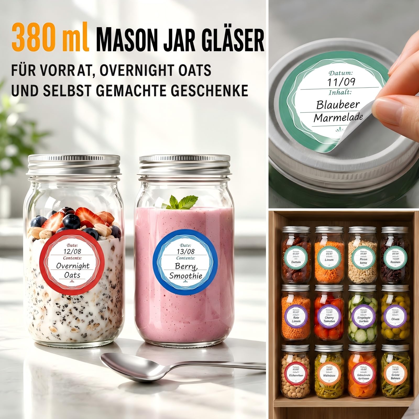 20er Set Einmachgläser 380 ml, Mason Jars mit zweiteiligem Schraubdeckel