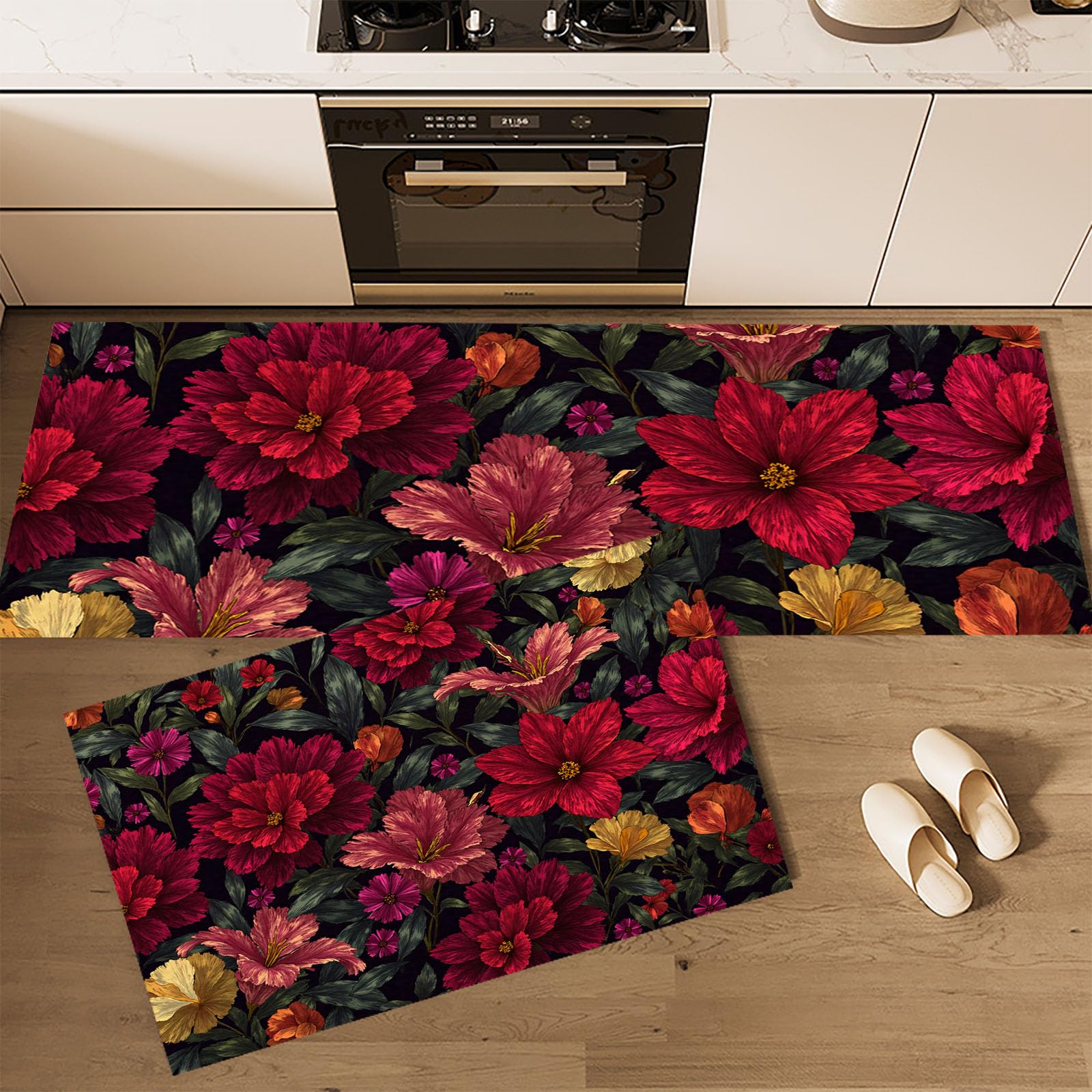 Tapis de cuisine lot de 2 lavables et antidérapants motif dahlia rouge 45x75+45x150cm