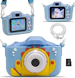 Fotocamera Digitale Bambini con Video HD, Giochi Integrati e Filtri Divertenti, Macchina Fotografica per Bambini con Cover in Gomma Antiurto, Display LCD, Micro SD Inclusa, Giocattolo Educativo