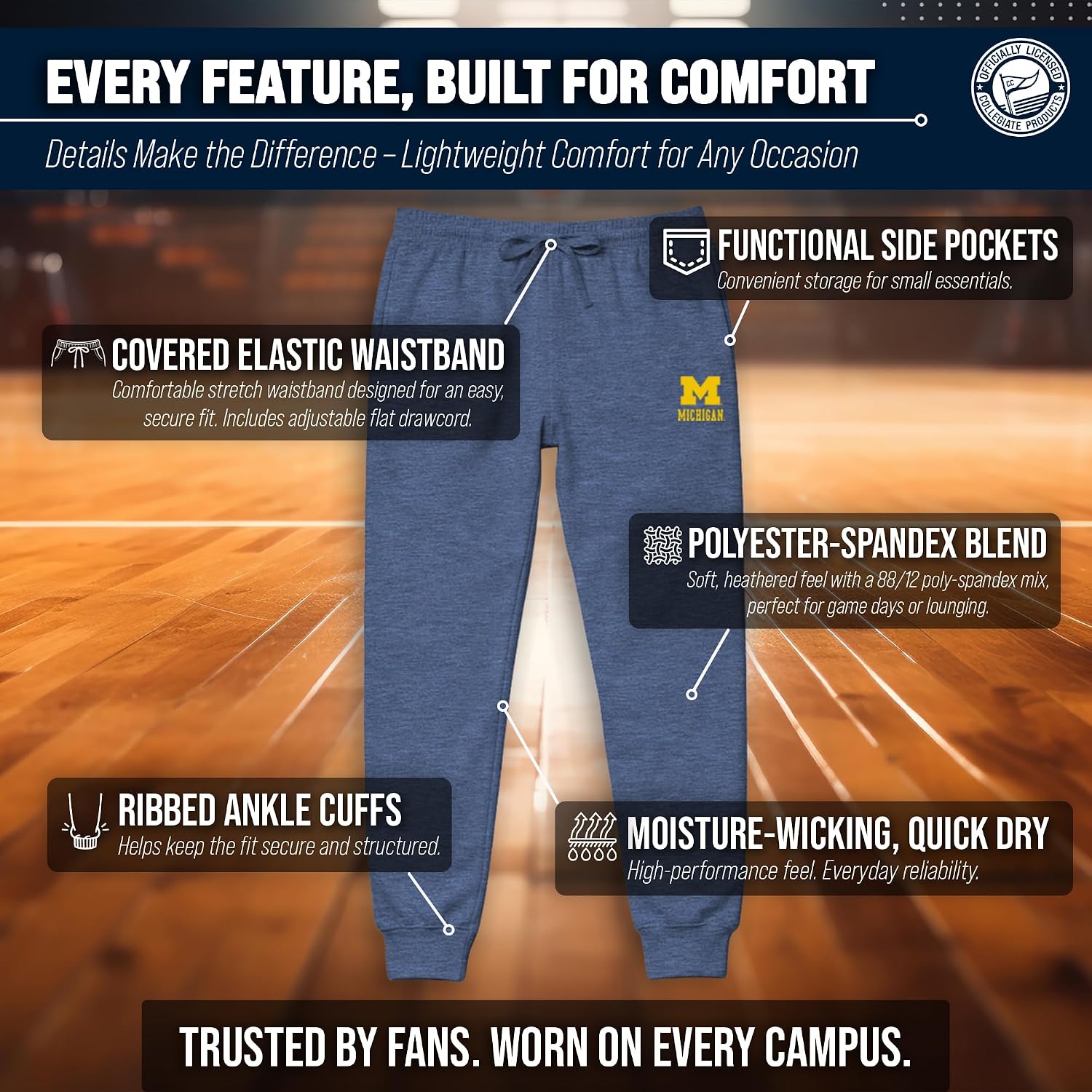 NCAA Cloud Jersey Jogger Pants Men Women | Officially licensed NCAA; 88% polyester, 12% spandex; elastic waistband; drawcord; ribbed cuffs; 28-inch inseam