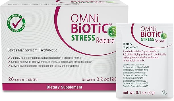 OMNi BiOTiC Stress Release - Clinically Tested Probiotic for Stress Management & Gut-Brain Axis Support - Stress Probiotic and Mood Probiotic - Vegan, Non-GMO 28 Daily Packets