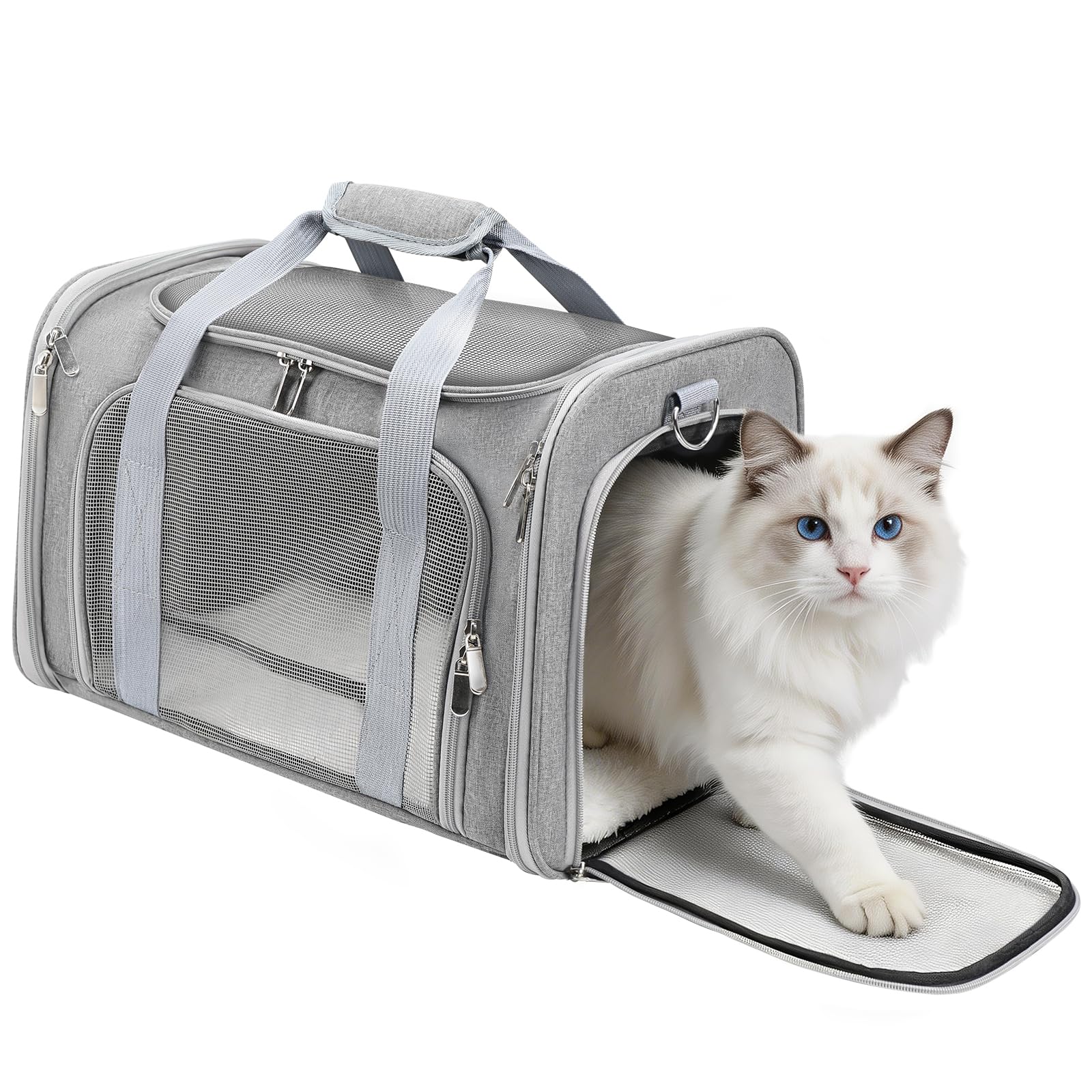 Cat Carrier Soft, Dog Carriers for Small Dogs/Large Cats (Up to 16lbs), with High Breathability, Shoulder Strap, Removable Pad, Pet Carrier Airline Approved, for Home Outdoor Travel (Gray)