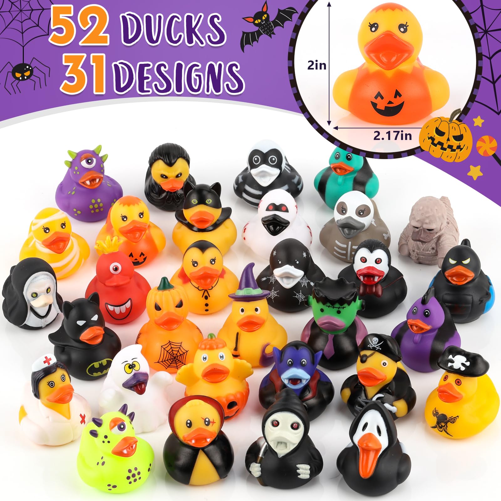 52 Pack Halloween Rubber Ducks Bulk, Halloween Party