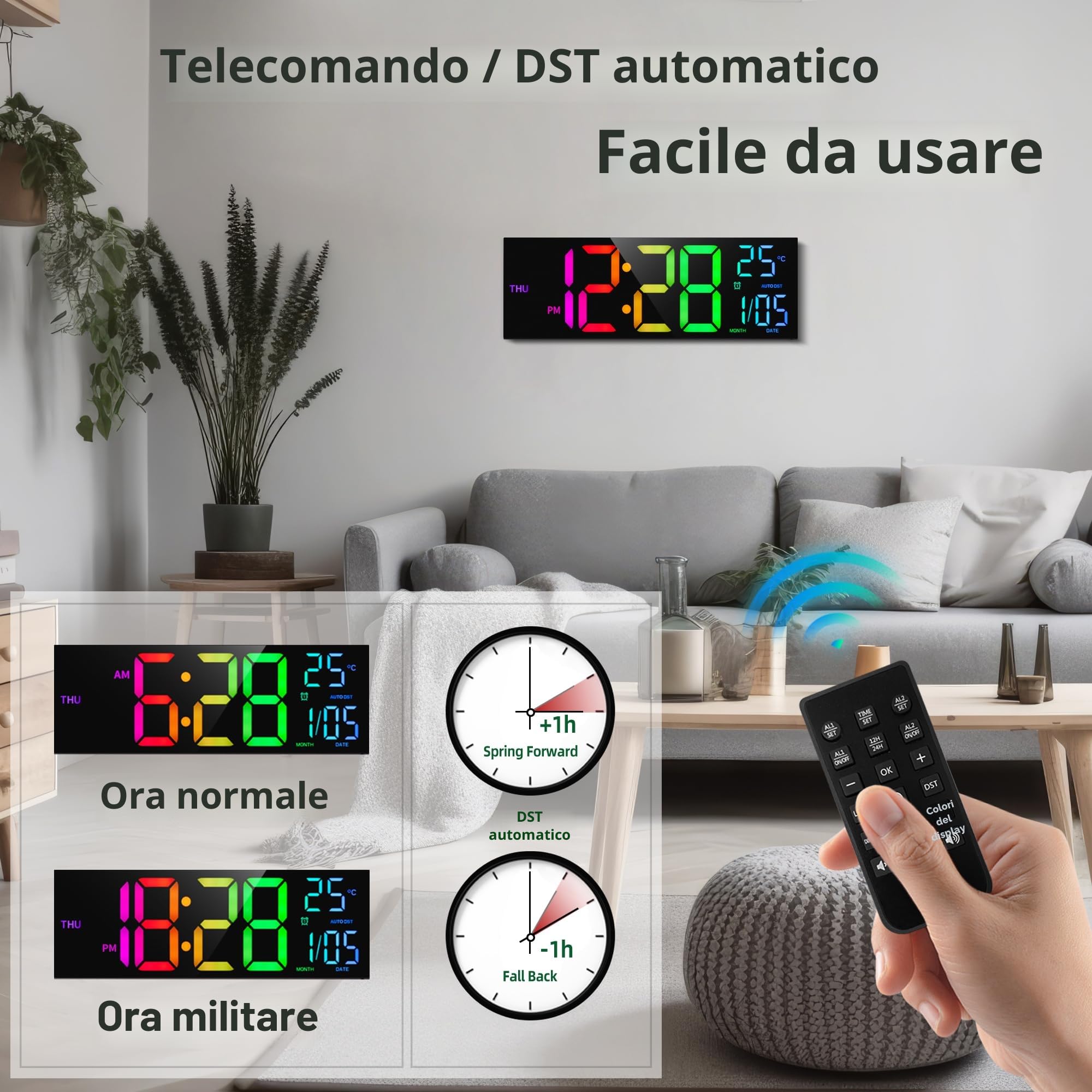 HAITANG Orologio da parete digitale in 8 colori, grande orologio digitale da 41,1 cm con temperatura, data, auto DST, luce notturna, dimmer automatico della luminosità, orologio da parete 24/12. Nero