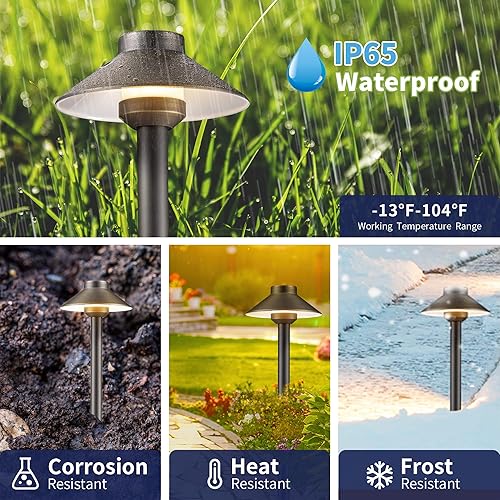 Miniatura 5 de Gardenreet Luces de camino de latón, luces LED de bajo voltaje, luces de camino de paisaje, 12 V, impermeable, para exteriores, sombrero, para