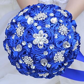 8.7" Royal Blue Bridal Wedding Bouquet Round Bling Brooch Bouquet Throw Toss Artificial Rose Flower Bunch for Bride Bridesmaid Wedding Quinceanera