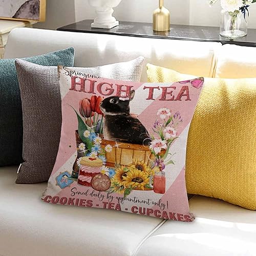 Miniatura 10 de Fundas de almohada de Navidad de granja de 22 x 22 pulgadas vintage conejo flores de primavera huevos de Pascua fundas de almohada de lino y algodón