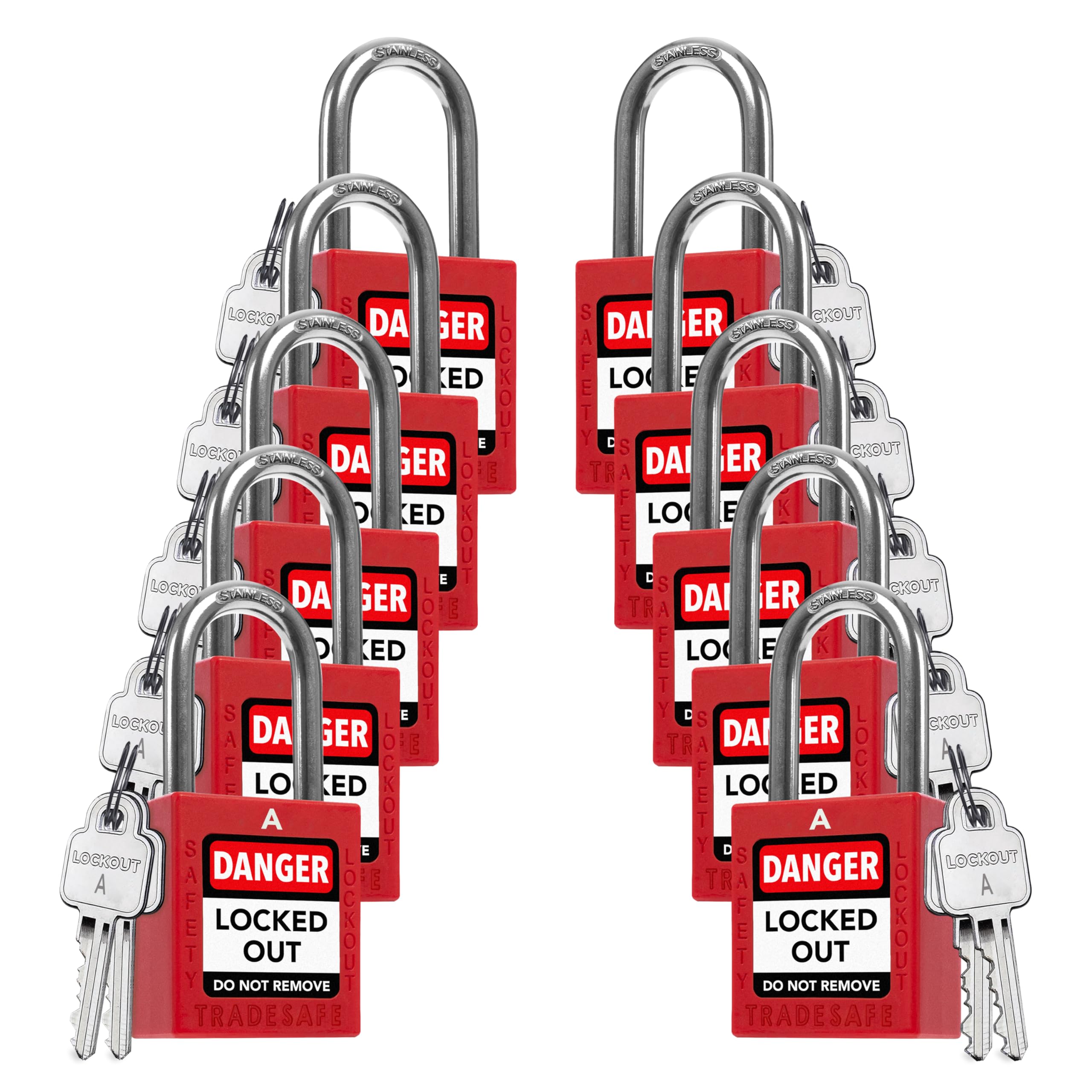 TRADESAFE Lockout Tagout Locks Set, 10 Red Keyed Alike Unlimited Grouping Safety Padlocks, 2 Keys Per Lock, OSHA Compliant Loto Locks for Lock Out Tag