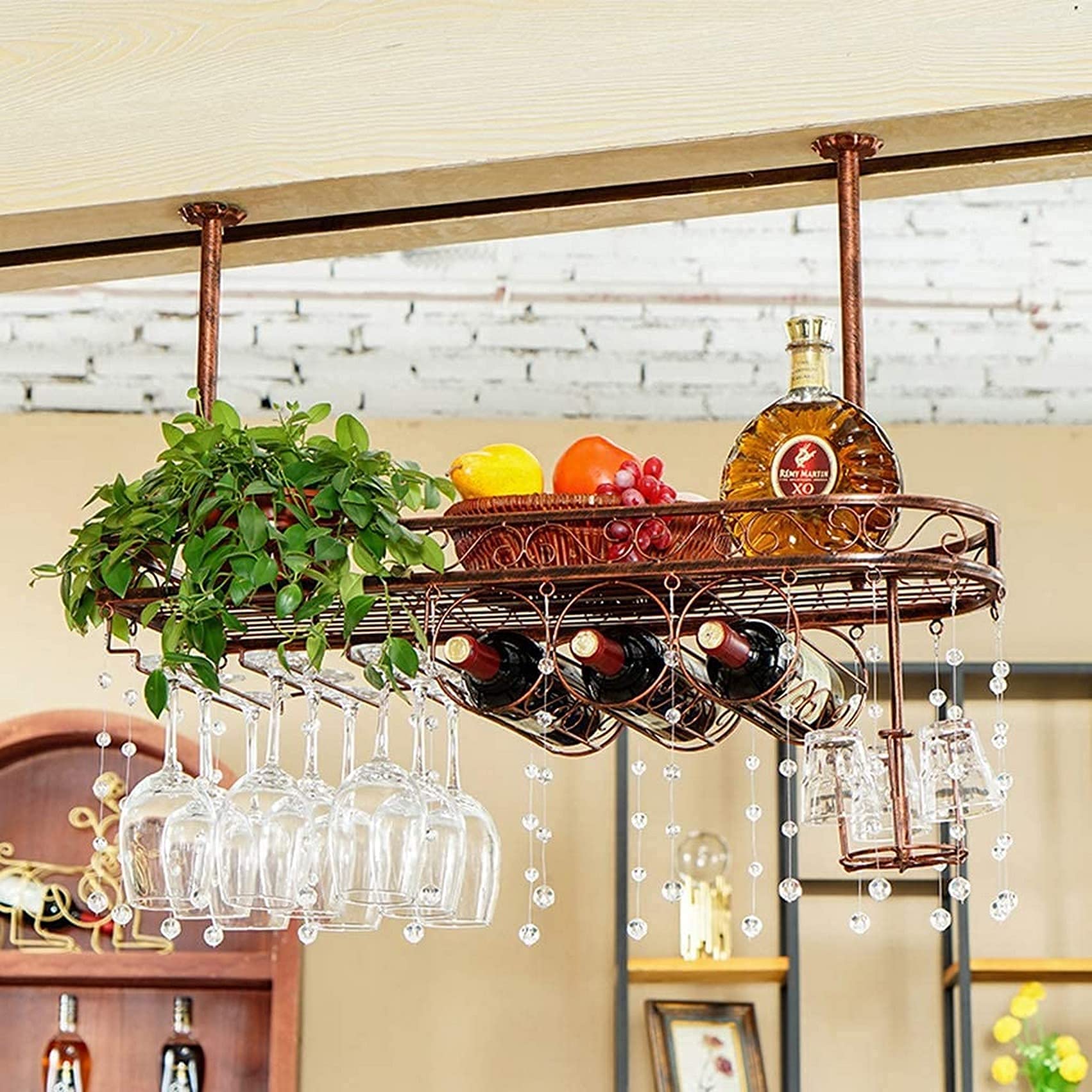 Étagère à vin au plafond et porte-verre suspendu industriel en métal #2 L80cm