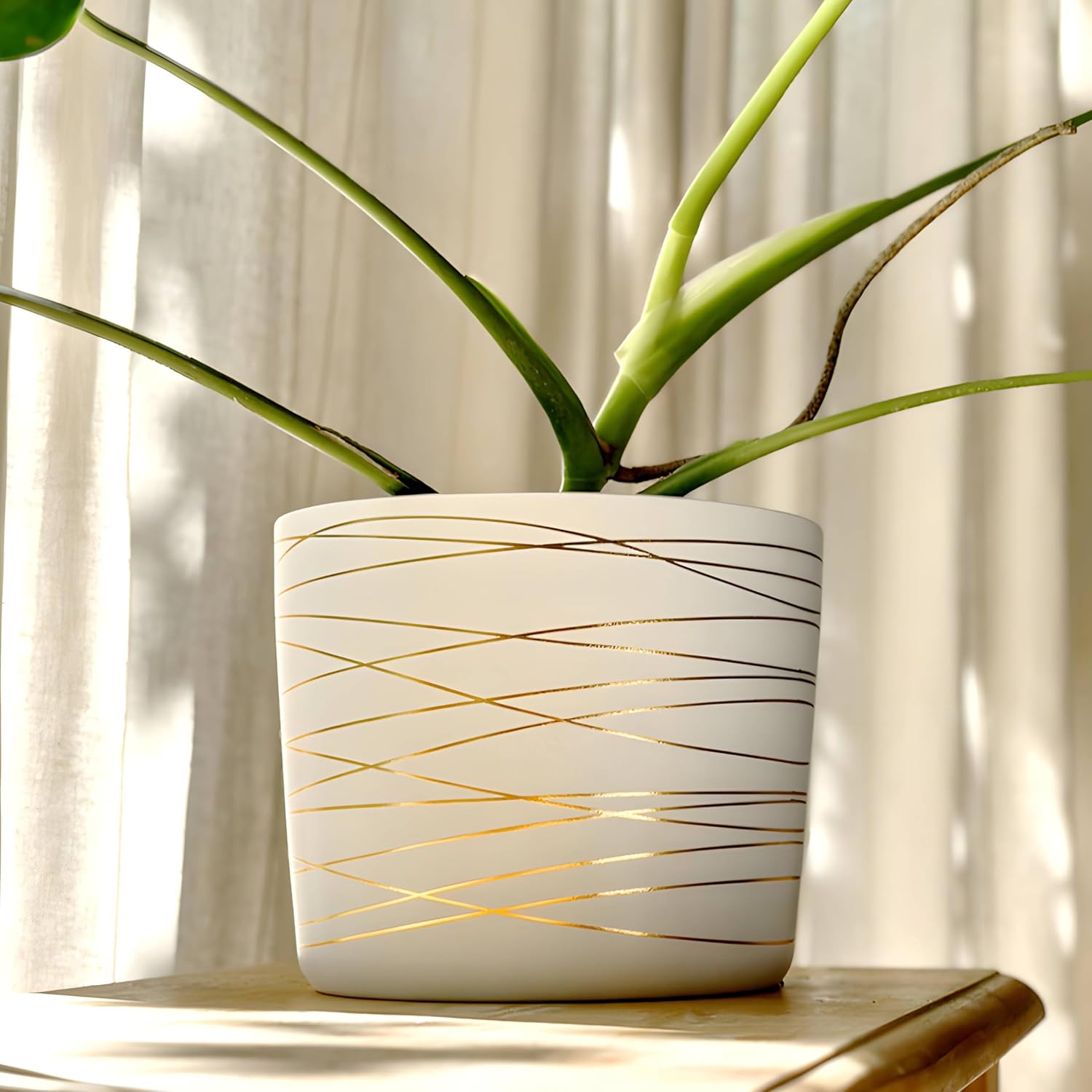 Willowy 9 Inch Ceramic Plant Pot - Matte White with Gold Stripes - Drainage Plug Included