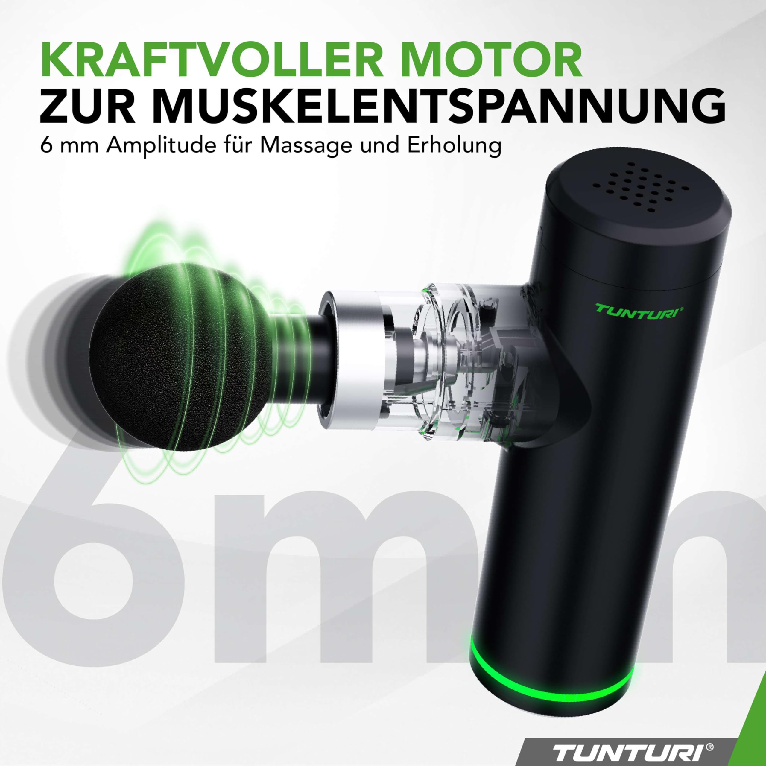 Tunturi MG30 Massagepistole Mini, Taschenformat, ultraleise Massage Pistole, Massage gun, Entspannung und Massage, Massagegerät mit 6 Geschwindigkeiten, 4 Kopfstücke