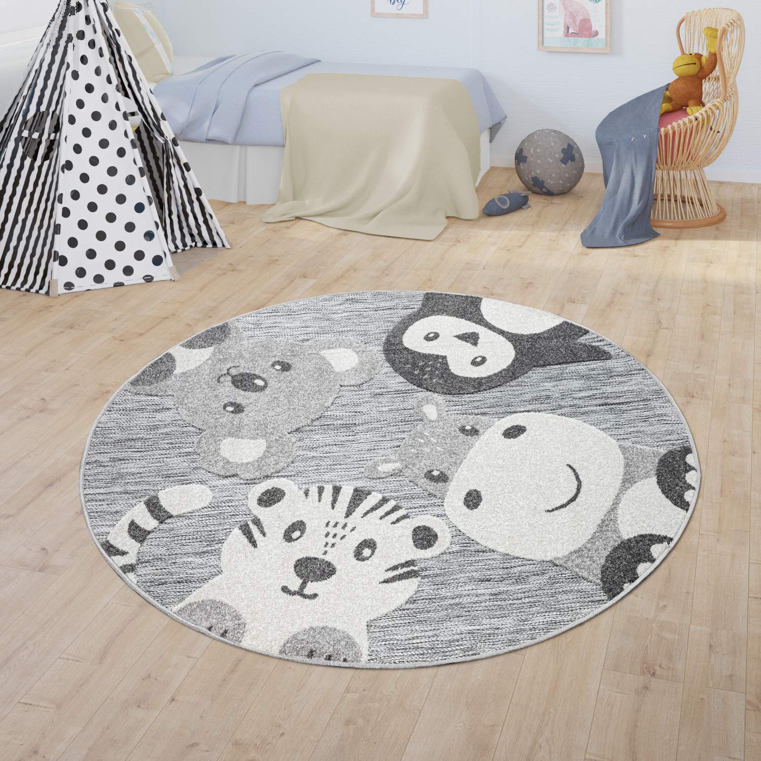 Paco Home Kinderteppich Kinderzimmer Outdoor Teppich Rund Spielteppich Modern 3D Effekt, Grösse:Ø 120 cm Rund, Farbe:Grau 3