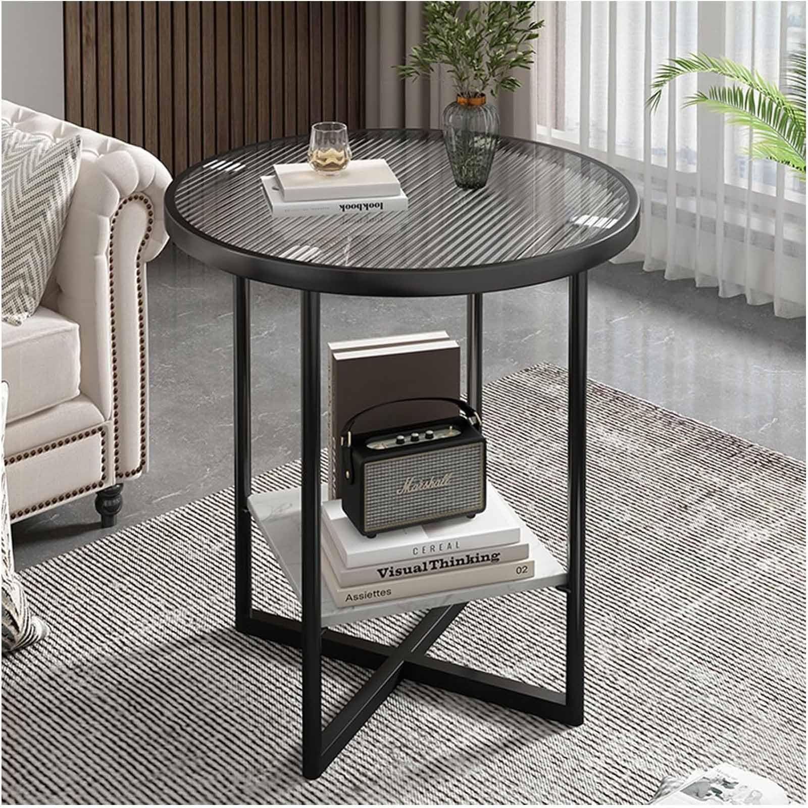 SXZenSpace 2-Tier Tempered Glass Tea Tables Coffee Table Snack Nightstand Sofa Modern Metal Frame Accent Side for Living Room, Bedroom And Office