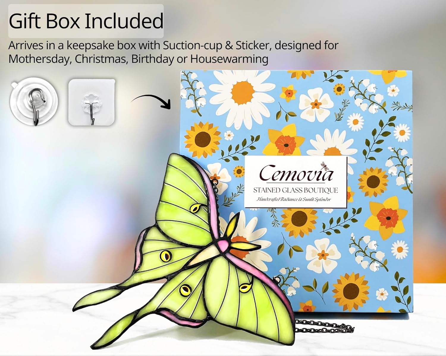 Luna Moth Stained Glass Window Hanging - Handmade Suncatcher Real Glass - Light Green Butterfly Light Catcher Elegant Gifts for Mother, Women, Grandma (Gifts-Box provided) - Image 5