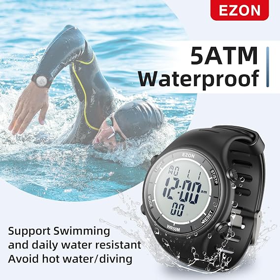 EZON Digital Watch with Stopwatch Countdown Timer Alarm EL Backlight,Ultra-Thin Large Display 5ATM Waterproof Digital Wrist Watches for Men Women