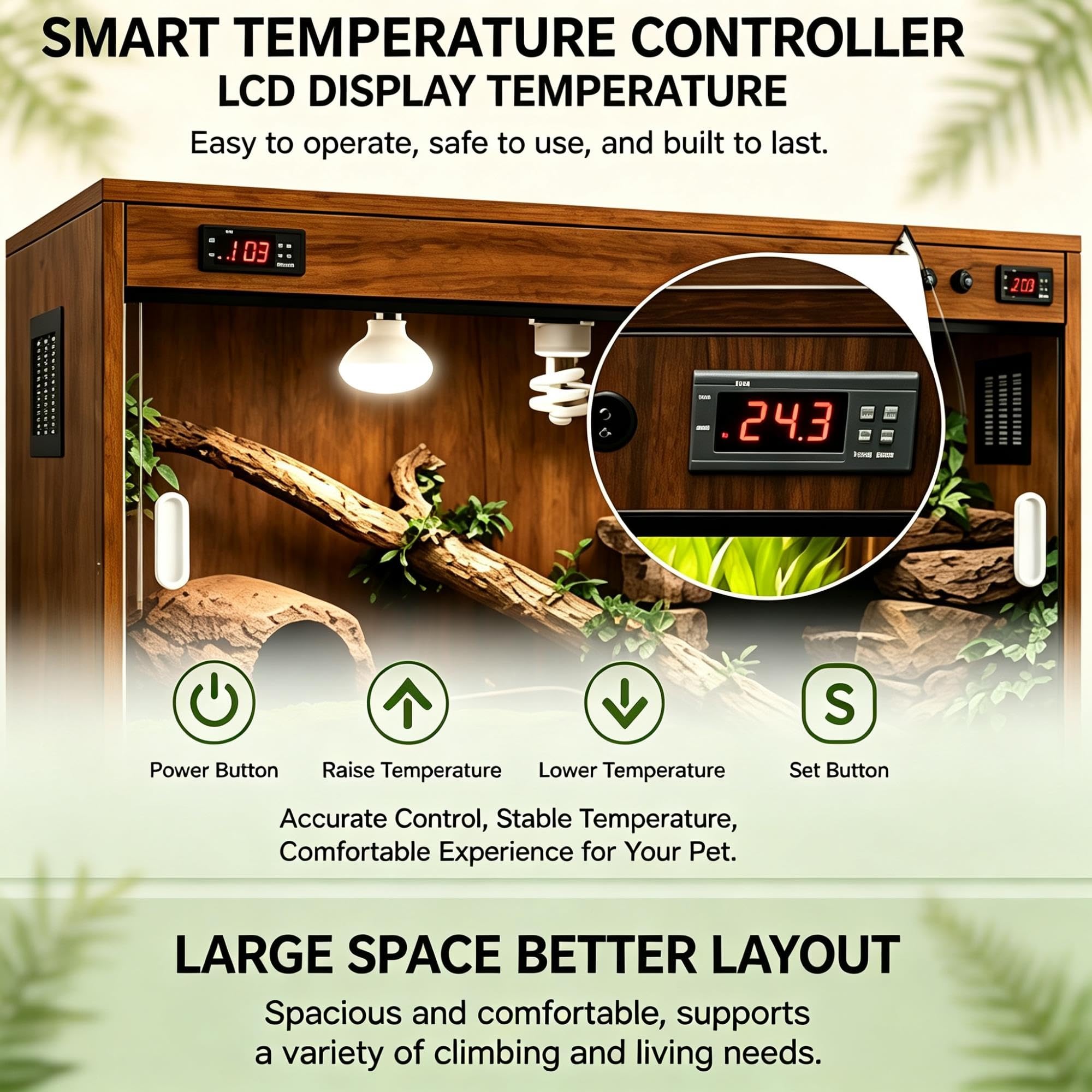 Terrario per Rettili in Legno con Porte in Vetro, Termostato Digitale