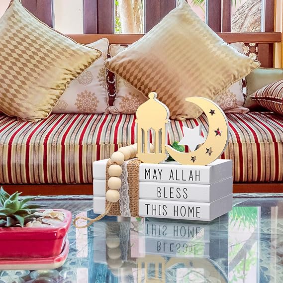 Blulu Islamic Wooden Tiered Tray Decor White Book Stack Golden Moon and Beads Start with Bismillah End with Alhamdulillah for Farmhouse Eid Muslim Ramadan Home Tabletop Art Decor (Bless This Home)