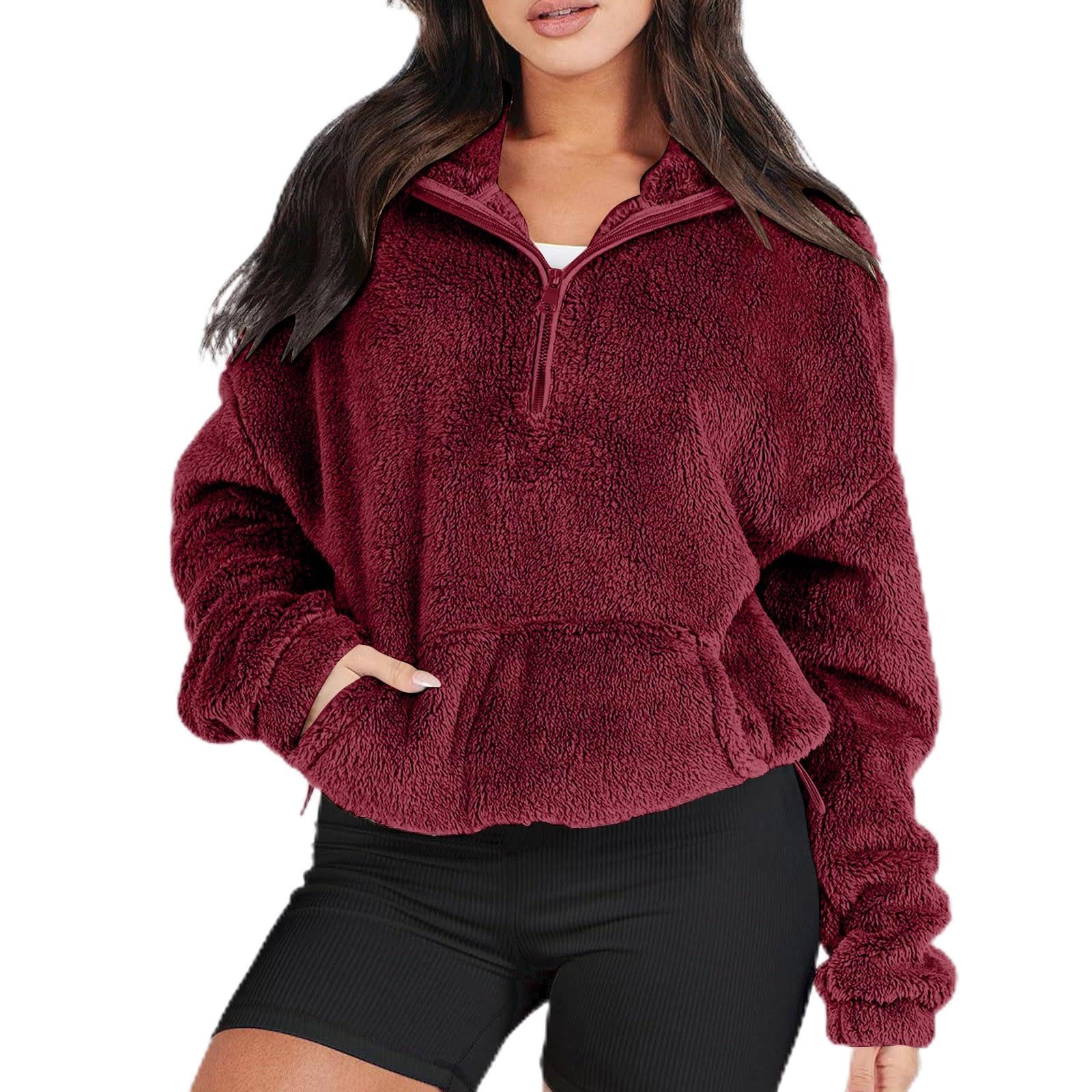 Women's Quarter Zip Cropped Sherpa Pullover Fuzzy Long Sleeve Sweatshirt