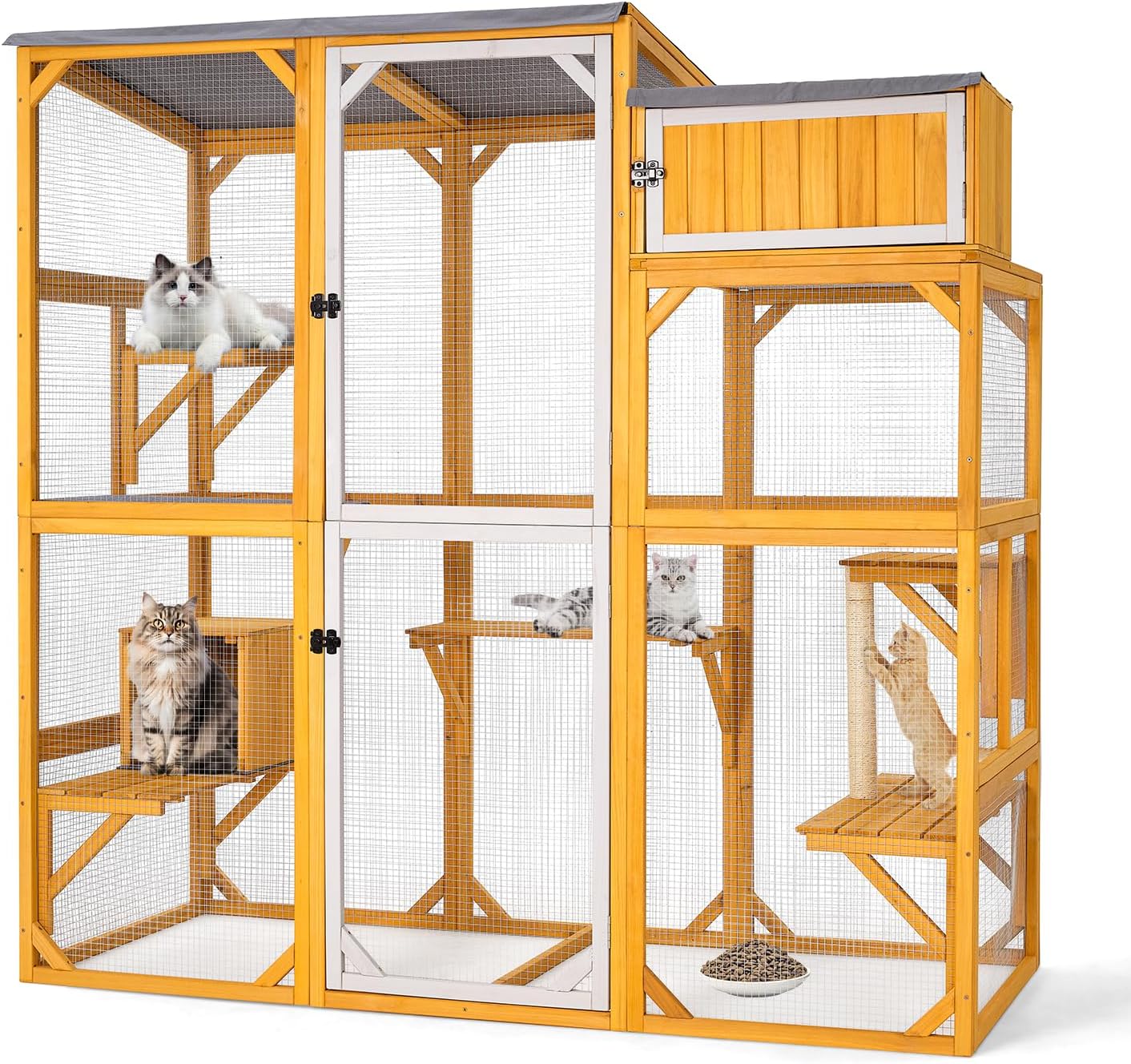 Wooden Catio Outdoor Cat Enclosure Large Walk-in Cat House with 5 Multi-Level Platforms, Scratching Post, Resting Den & External Storage, Removable Waterproof UV-Protection Roof (Yellow)