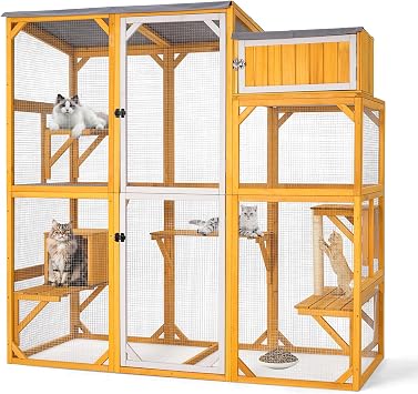 Wooden Catio Outdoor Cat Enclosure Large Walk-in Cat House with 5 Multi-Level Platforms, Scratching Post, Resting Den & External Storage, Removable Waterproof UV-Protection Roof Yellow